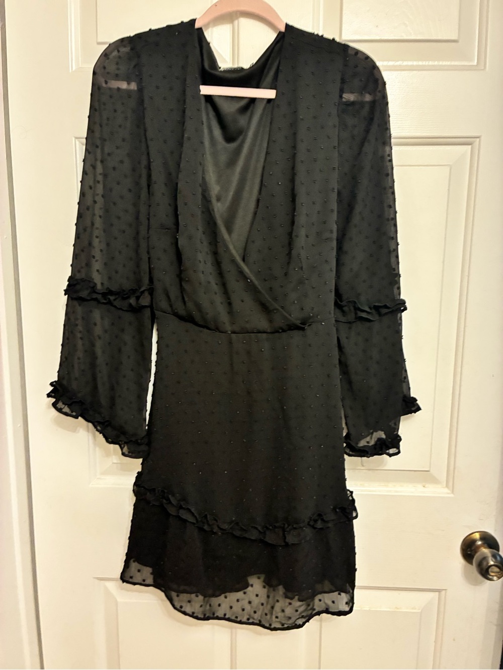 Black Swiss Dot Long-Sleeve Wrap Dress